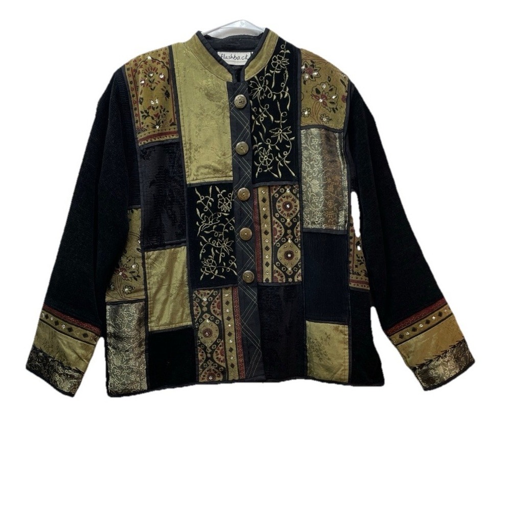 Flashback‎ Womens M Jacket Textured Beaded Rhinestone Embroided Retro Patchwork